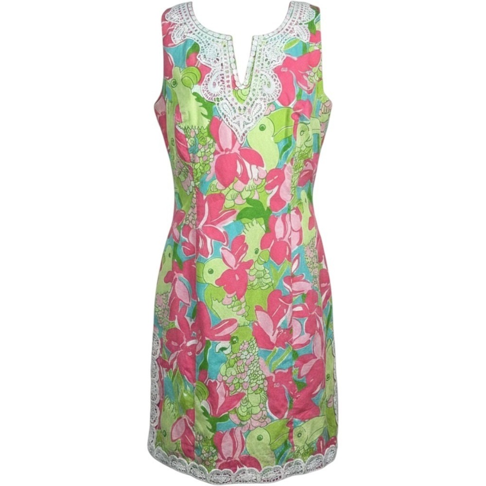 Lilly Pulitzer Shift Dress Womens 8 Pink Parrot Floral Lace Trim Good Preowned